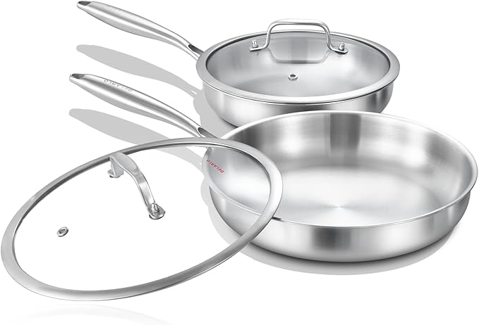 DELARLO Tri-ply Stainless Steel Frying Pan Set with Lid 10" 12" Induction large Skillets Chef's Pan,Pots and Pans Set Kitchen Cookware Set Suitable for All Stove