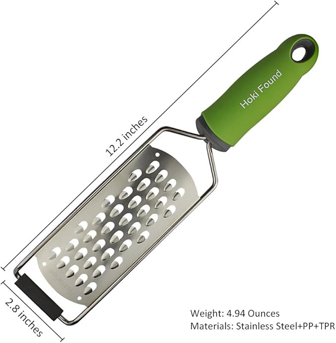 Hoki Found Cheese Grater Shredder Stainless Steel - Kitchen Vegetable & Fruit Grater, Zester, Coarse, Fine & Medium Grating, Green
