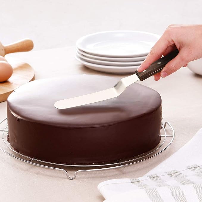 4PCS Offset Cake Icing Spatula Set 4” 6” 8” 10” Professional Stainless Steel Cake Decorating Frosting Spatulas with Wooden Handle (Angled)