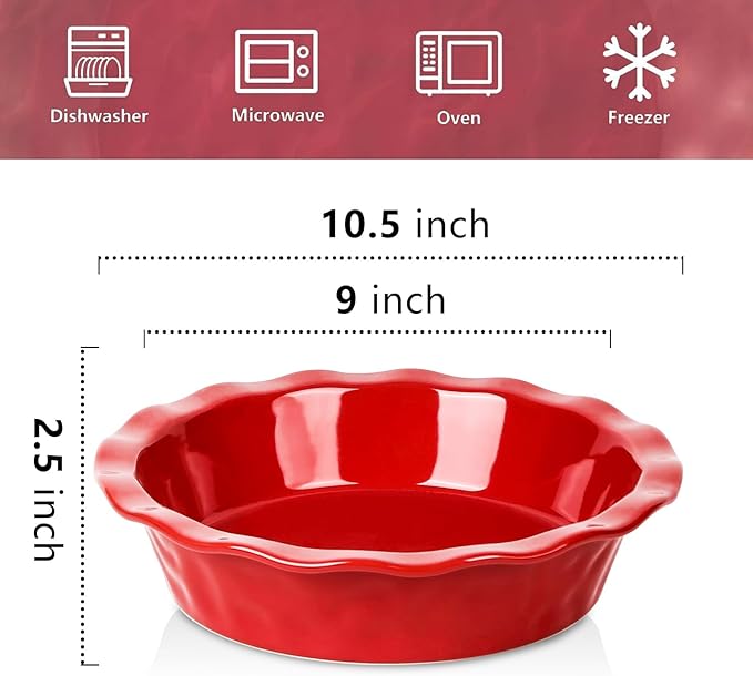 vicrays Ceramic Pie Pan for Baking - 9 inch Pie Plate, Round, Fluted and Deep Pie Dish for Tart, Pizza, Apple Pie, Quiche, Pot Pies, Cake - Reactive Glaze (Red)