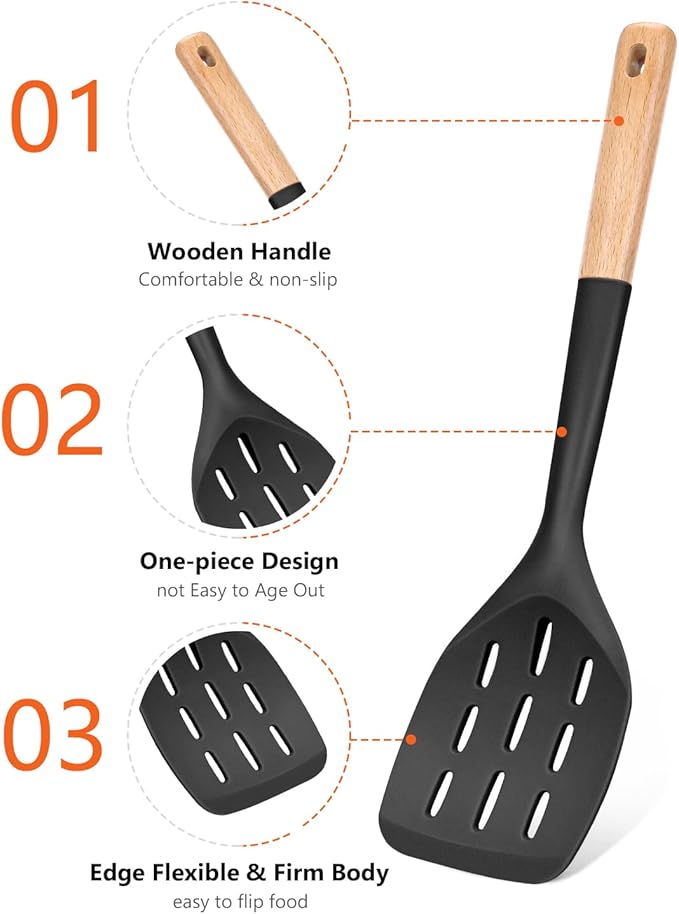 Pack of 2 Silicone Spatula, Non Stick Cooking Utensil Set Wooden Handle Kitchen Turner for Baking Mixing Grilling Serving Food Heat Resistant Non Scratch Hooks Included (Black)