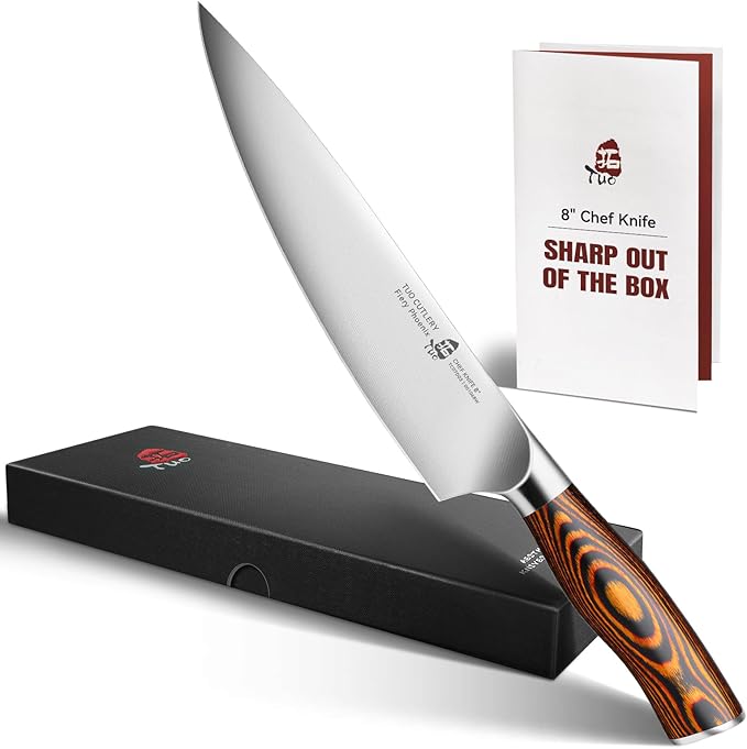 TUO Chef Knife, 8 inch Sharp Kitchen Knife with Pakkawood Handle, High Carbon Steel, Professional for Chopping & Dicing, Gift Box - Fiery Phoenix Series