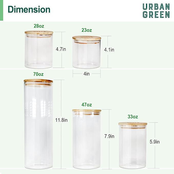 Urban Green Glass Jars with Bamboo Lids, Glass Airtight Canisters sets, Food Storage Container, Pantry Organization and Storage Jars, Kitchen Canisters Sets, Flour Containers of 6