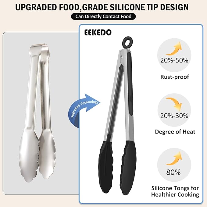 Kitchen Tongs, Set of 3 Stainless Steel Tongs with Silicone Tips Locking Cooking Tongs 600ºF Heat Resistant Tong for Cooking BBQ Grilling Air Fryer Serving Food Salads, 7"+9"+12" Black