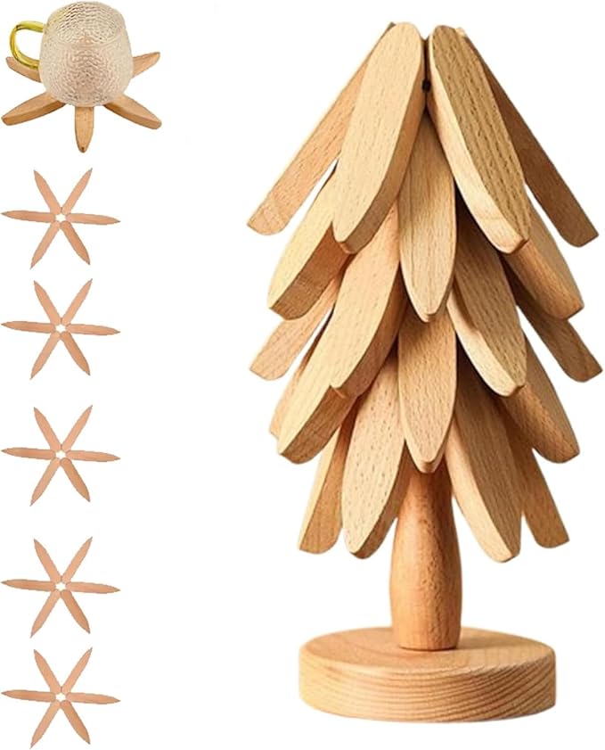 Natural Wood Tree Trivet Set, 𝐍atural Tree Trivet Set - 4 Wooden Trivets,4 Wooden 𝐓rivets & 1 Stand Like a Christmas Trees,for Hot Dish,Pot,Bowl,Teapot,Hot Pot Sets (Natural Wood 5 Trivets,1set)