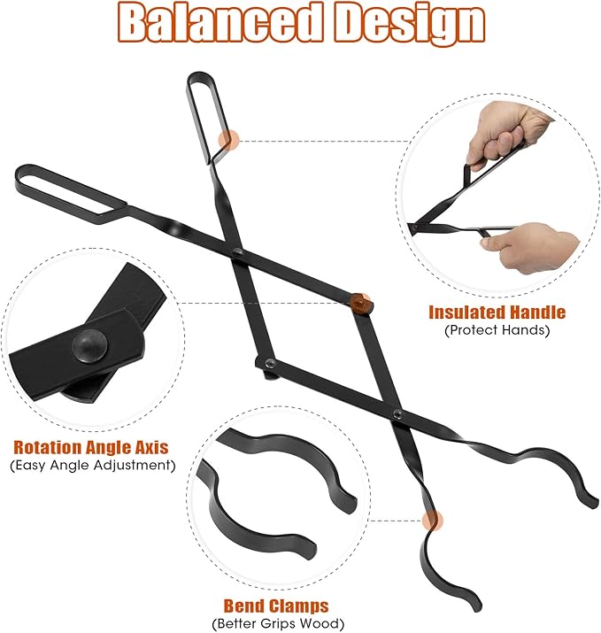 AGM Fireplace Tongs, 26" Fire Pit Accessories Firewood Tongs, Log Grabber for Thick logs, Heavy Duty Wrought Iron Fire Pit FireTongs, Campfire BBQ Stove Log Tweezers, Outdoor/Indoor Fire Pit Tools