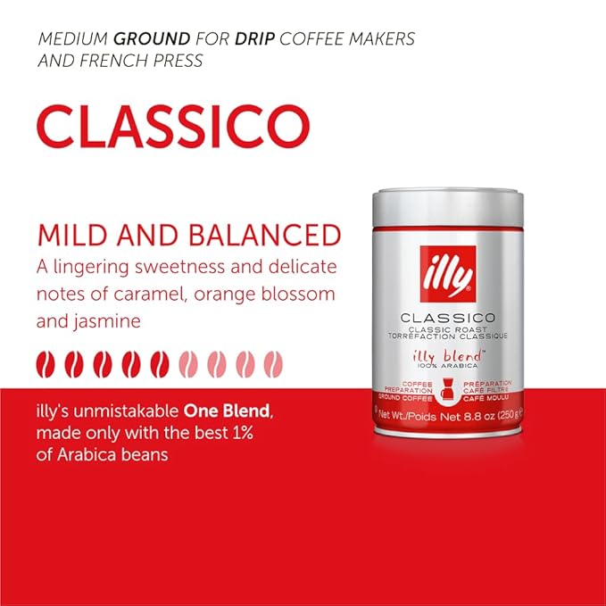 Illy Caffe Coffee - Ground Coffee - Medium Roast for Drip Coffeemakers - 8.8 oz - Case of 6
