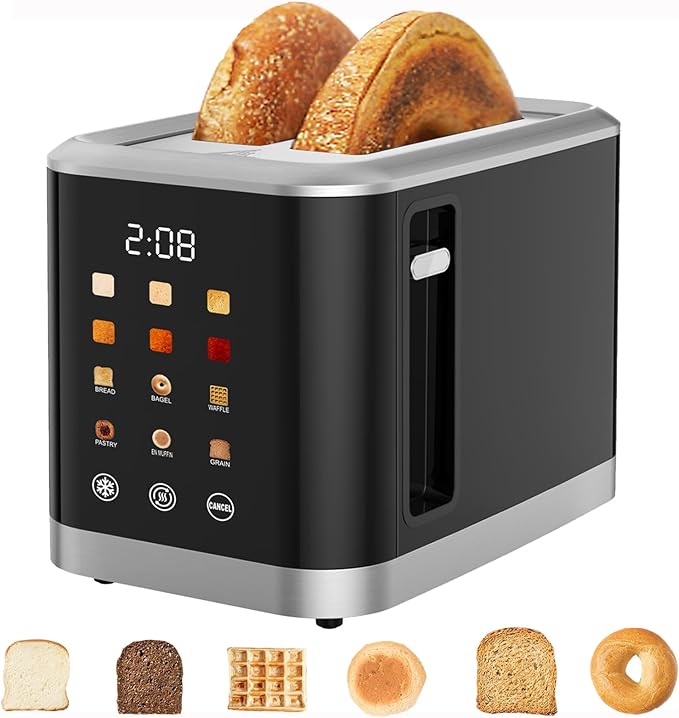 Touch screen Toaster 2 Slice Digital Timer Toasters with 6 Bread Types & 6 Shade Settings, Smart Extra Wide Slots Toaster with Bagel Defrost Reheat Cancel Function