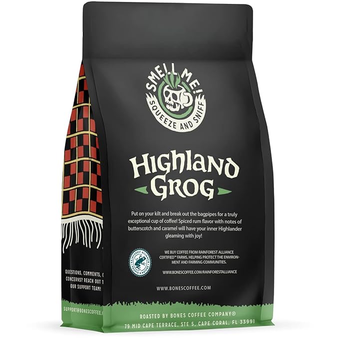 Bones Coffee Company Highland Grog, Butterscotch Caramel Flavored Coffee, Medium Roast Low Acid Arabica Beans Compatible with Auto drip and French Press Coffee Maker, 12 Oz Whole Bean