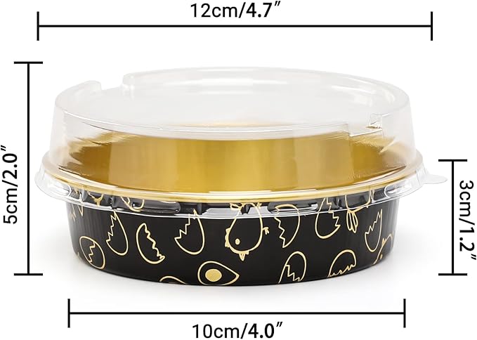 Beasea Mini Tart Pan 100 Pack with Lids, 4 Inch 8oz Gold Black Disposable Aluminum Baking Foil Tins Small Round Tart Containers for Individual Dessert Muffin Cheesecake Ramekins Quiche Oven Dishes