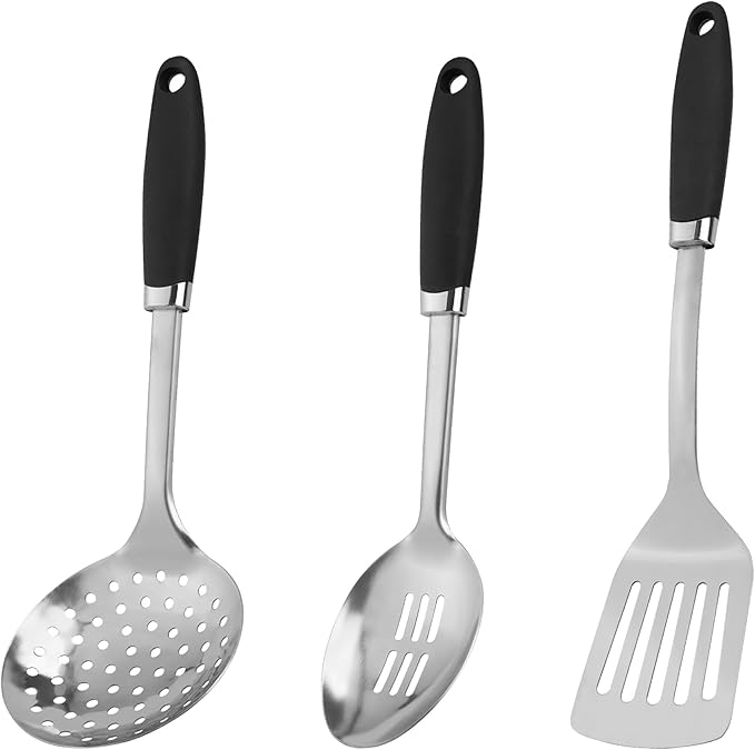 3-Piece Cooking Utensils Set Stainless Steel Large Serving Spoons Set Slotted Spoon Spatula Turner Skimmer Commercial and Residential Use Dishwasher Safe