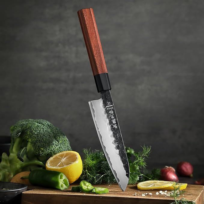 HEZHEN 5.5 Inches Santoku Knife, Three-layer Clad Steel, Professional small Japanese Chef Knife, Ultra Sharp Blade, Red Wood Octagonal Handle
