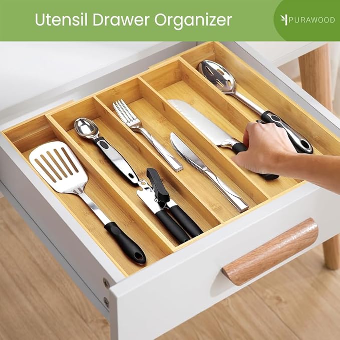Purawood Kitchen Drawer Organizer, 2 Pack - Expandable Utensil Drawer Organizer for Kitchen, Cutlery Tray & Silverware Organizer, 3-5 Slots - Bamboo Organizer for Utensils & Flatware (Natural)