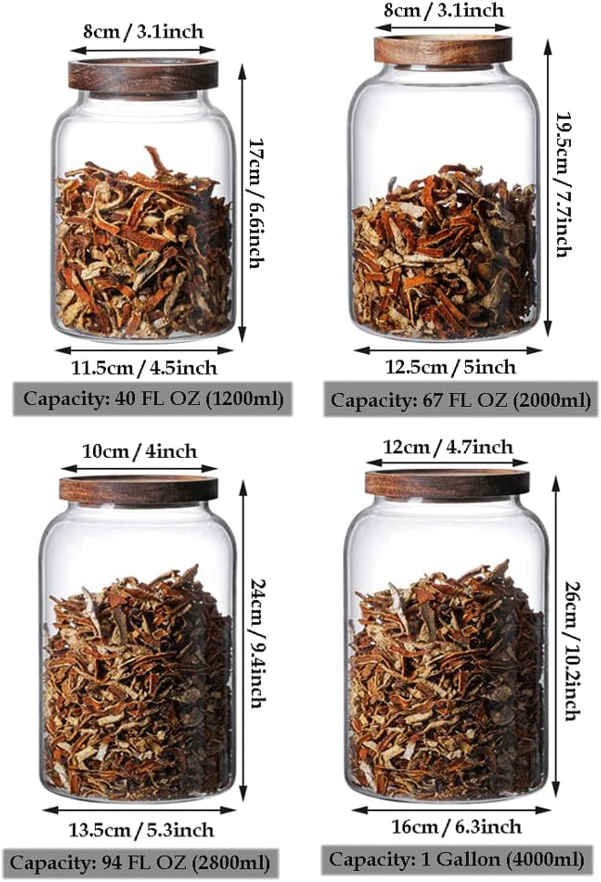 Large Glass Jars with Airtight Wooden Lid, Food Storage Glass Canister, Clear Cereal Storage Container for Flour, Sugar, Coffee Beans, Snack (1 Gallon (4000ml))