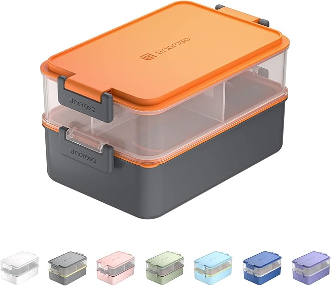 Linoroso Stackable Bento Lunch Box | Meet All Your On-the-Go Food, Salad and Snack Needs, Premium Adult Lunch Box Includes Utensil Set, Dressing Containers - Lava Orange