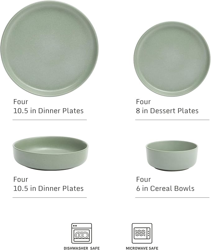 Gibson Elite Pasco 16 Piece (Service for 4) Plates and Bowls Double Bowl Reactive Glaze Dishes Stoneware Ceramic Dinnerware Set - Green