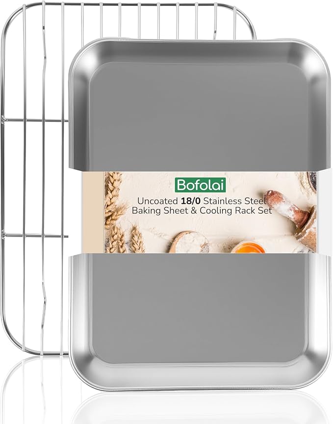 18/0 Stainless Steel Baking Sheet with Cooling Rack, 12.4 Inch Oven-Safe Non-Toxic Cookie Sheets for Baking, Coating Free & Rust Resistant for Healthy Family Baking, Easy to Clean, Heavy Duty