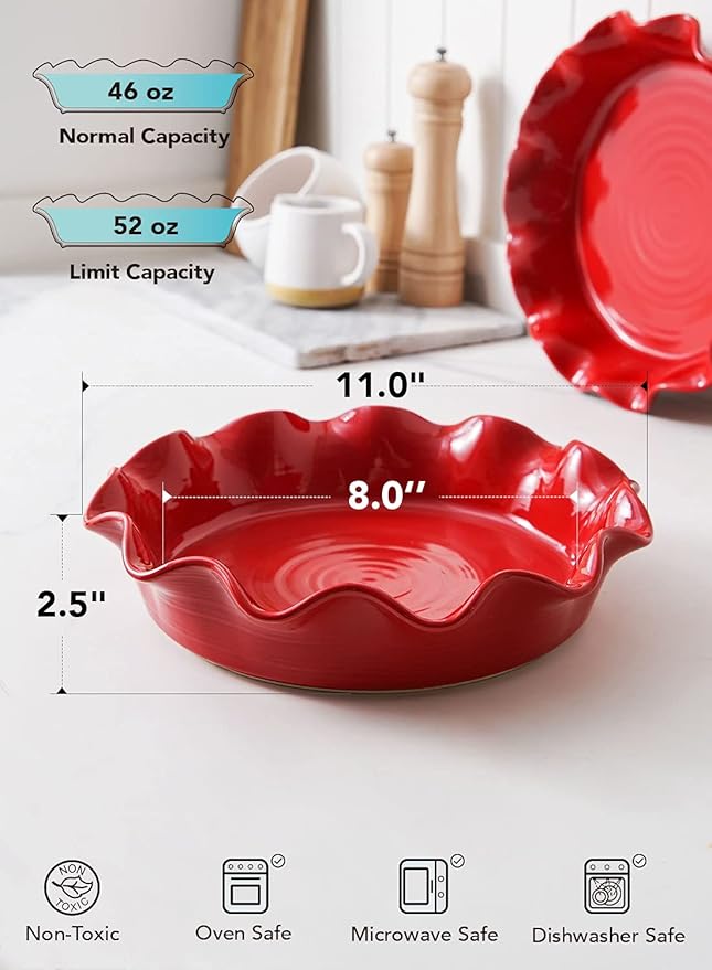 LE TAUCI Ceramic Pie Pans for Baking, 11 Inches Deep Dish Pie Plate for Apple Pie, 48 Ounce Baking Dish with Ruffled Edge, Set of 2, Red