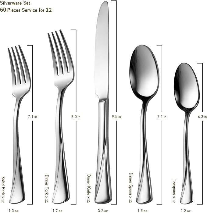 Alata Alice 65-Piece Silverware Set Stainless Steel Flatware Set,Service for 12,Mirror Polished Cutlery Set,Dishwasher Safe