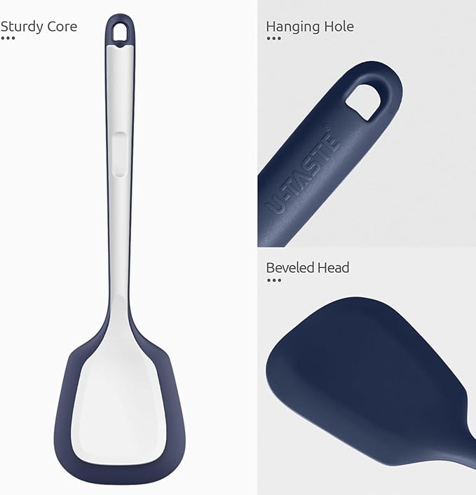 600℉ Heat Resistant Silicone Turner: U-Taste 13.6in Solid Kitchen Spatula Flipper, BPA Free Flexible & Thin Seamless Cooking Utensil for Flipping Egg, Pancake in Nonstick Cookware(Midnight Blue)