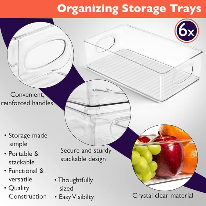 ClearSpace Plastic Pantry Organization and Storage Bins – Perfect for Kitchen/Fridge/ Refrigerator/Cabinet Organizers - 6 Pack