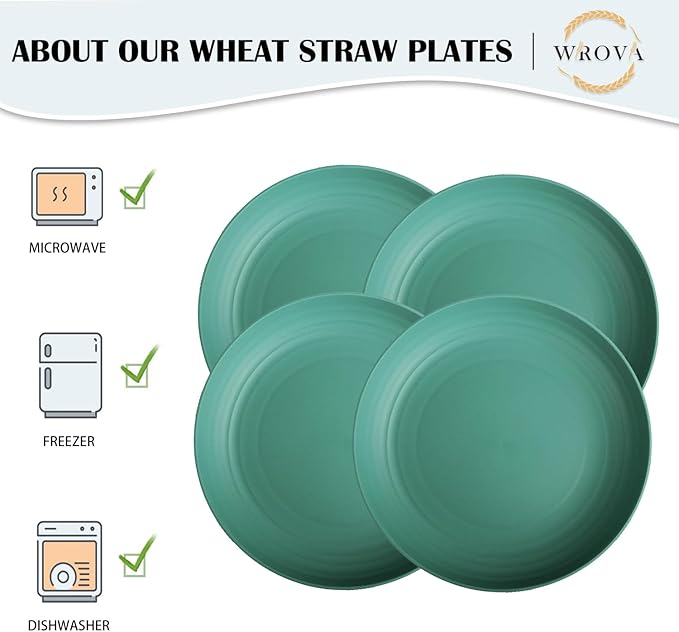 Wrova Wheat Straw Plates - 9 Inch Unbreakable Dinner Plates Set of 8 - Dishwasher & Microwave Safe Plastic Plates Reusable for Kitchen and Camping (Green)