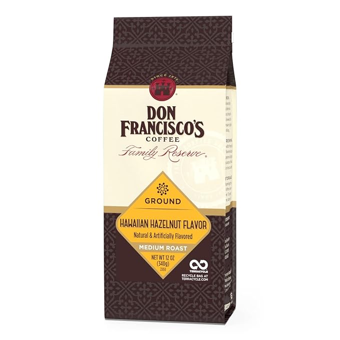 Don Francisco's Hawaiian Hazelnut Ground Coffee, Medium Roast – Flavored 100% Arabica, 12 oz Bag, Premium Coffee for Drip, Pour Over & French Press