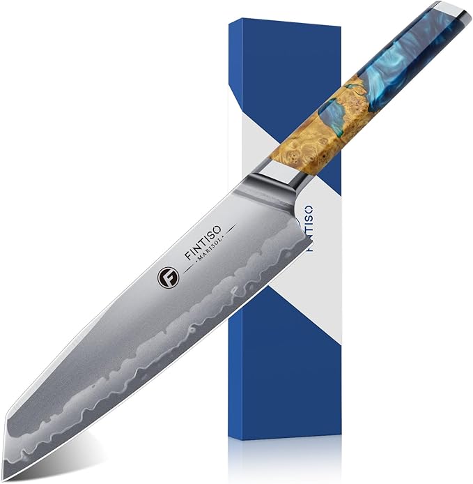 FINTISO Chef Knife 8 inch Kitchen Knife in S35VN Powder Steel Core Japanese Chef Knife, 7-Layers Clad Steel Cooking Knife Super Sharp Knife for Kitchen with Celestial Resin & Wood Handle Gift Box