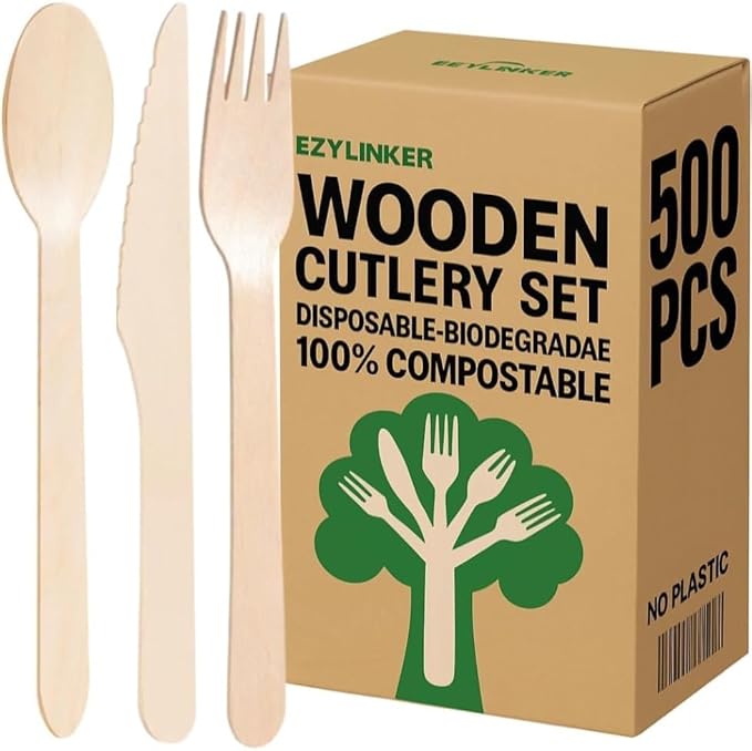 500 Pieces Disposable Cutlery, Wooden Utensils Set [200 Spoons, 200 Forks, 100 Knives] - Disposable Wooden Cutlery, Eco-Friendly Forks and Spoons, Compostable Cutlery Set Party Utensils