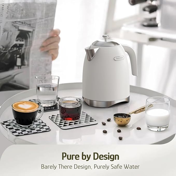 Hazel Quinn Electric Kettle - 1.7 Liters (57oz) Stainless Steel Water Kettle, BPA-Free Interior, 1200W Fast Boiling, Cordless, Rotational Base, Automatic Shut Off & One-Touch LED - Pearl White