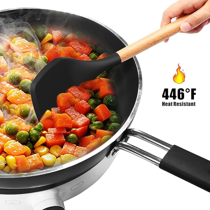 Silicone Cooking Utensils Set - 446°F Heat Resistant Silicone Kitchen Utensils for Cooking,Kitchen Utensil Spatula Set w Wooden Handles and Holder, BPA FREE Gadgets for Non-Stick Cookware (Black)