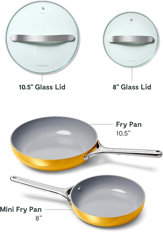Caraway Ceramic Nonstick Fry Pan Set with Glass Lids – Includes Two 10.5” Fry Pans, One 8” Fry Pan, & Three Lids - Non Toxic, PTFE & PFOA Free - Oven Safe & Compatible with All Stovetops - Marigold