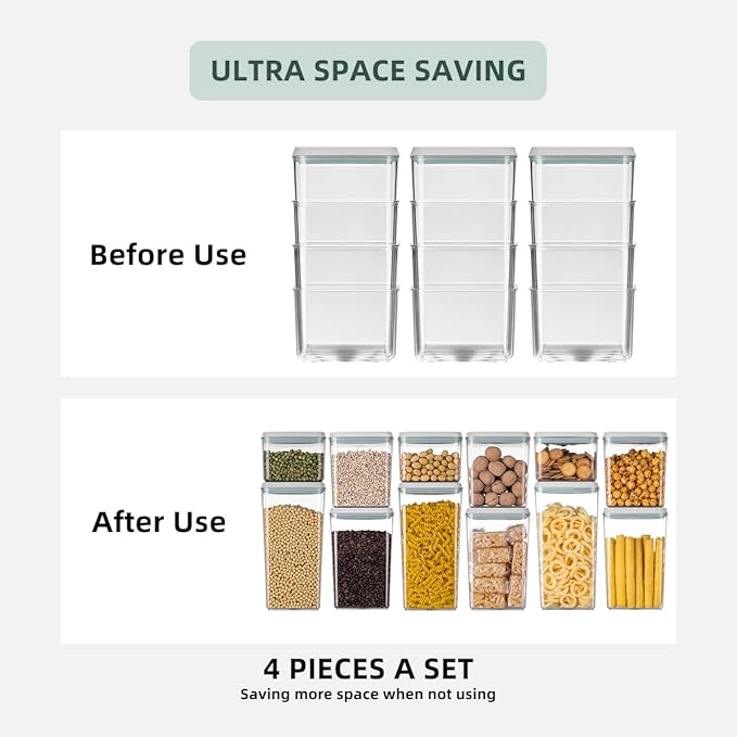 8-Piece Set of Pop Airtight Food Storage Containers with Lids Stackable Containers for Kitchen Pantry Organization Ideal for Cereal Snacks Flour Sugar Coffee and Spaghetti (1.2, 2.0, 2.7, 3.3qt)*2
