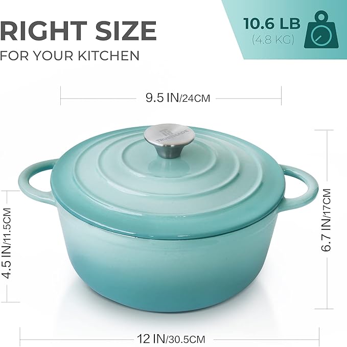 Trustmade 4.5 QT Cast Iron Dutch Oven, Enamel Coated Cookware Pot with Self Basting Lid for Home Baking, Braiser, Cooking, Aqua