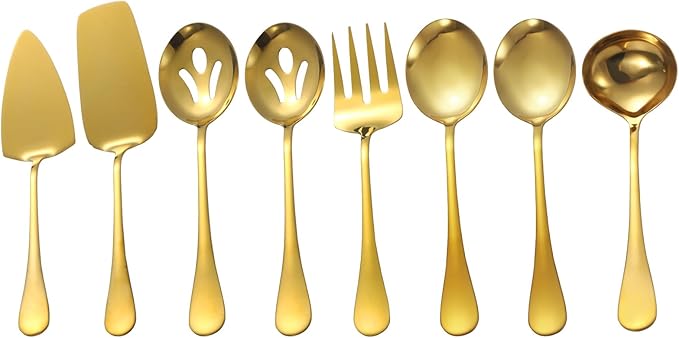 Gold Serving Utensils,8 Pcs Stainless Steel Serving Set with Serving Spoons,Serving Fork,Soup Ladle,Lasagna Server,Pie Server,Polished Serving Utensil Set for Buffet Parties Home,Dishwasher Safe