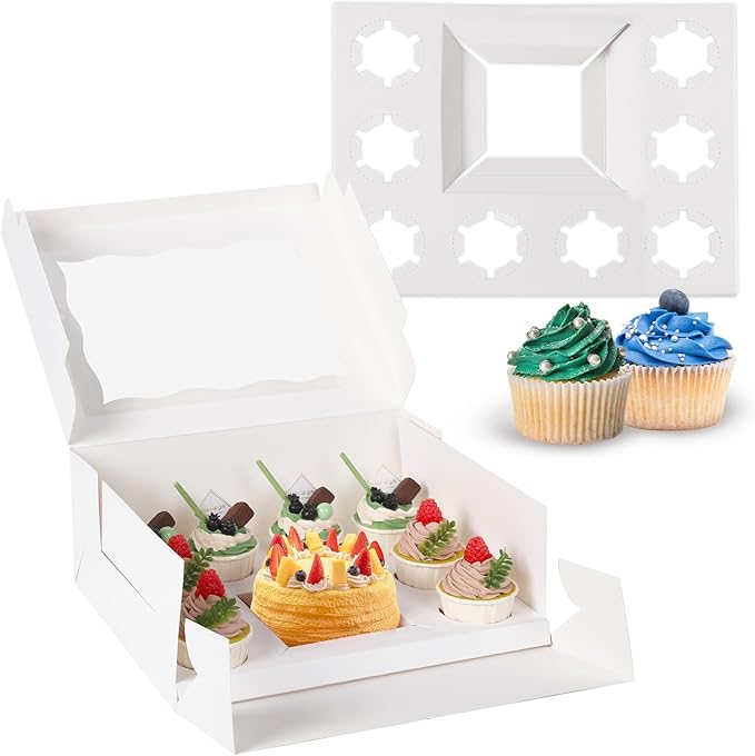 JCD 16 Pcs Cake and Cupcake Combo Bento Boxes with Clear Lid and 8 Cupcake Holes for Vanlentine Wedding Birthday Party Bakery Baking Supplies (1+8/16Pcs)