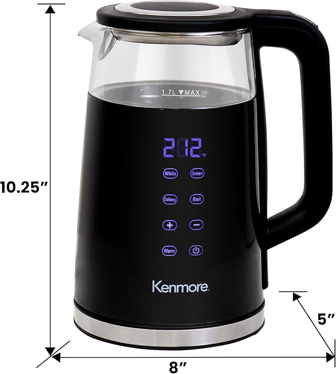 Kenmore Electric Kettle - 1.7 Liter Cordless Digital Chauffe-eau, Instant Pot Tea Kettle, Preset Temperature Control, Automatic Shut- Off, Cool Touch, Hot Water Boiling Heater, Black