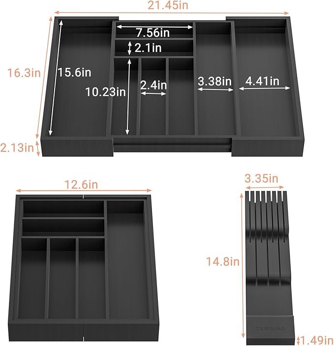 Bamboo-Silverware-Drawer-Organizer-Kitchen, Expandable Utensil Holder Cutlery Tray Flatware Organization Adjustable Wood Tableware Dividers Storage (with Removable Knife Block)(Black)