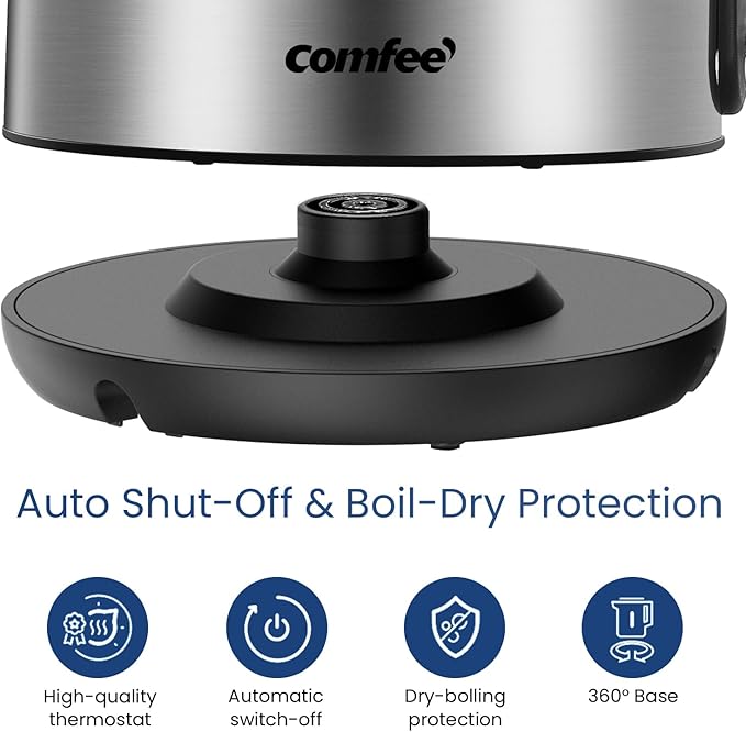 COMFEE' Stainless Steel Electric Kettle, 1.7 Liter Tea Kettle Electric & Hot Water Kettle, 1500W Fast Boil with LED Light, Auto Shut-Off and Boil-Dry Protection