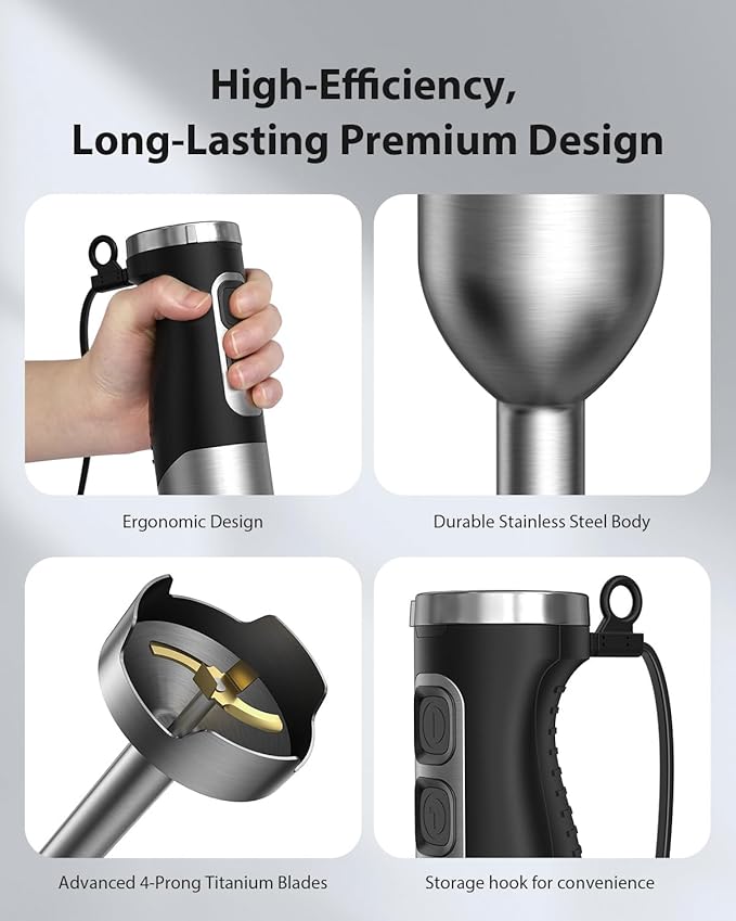 1000W Powerful Immersion Blender Handheld, 2025 New Update Hand Blender with 25-Speed and Heavy-Duty Copper Motor, Silver