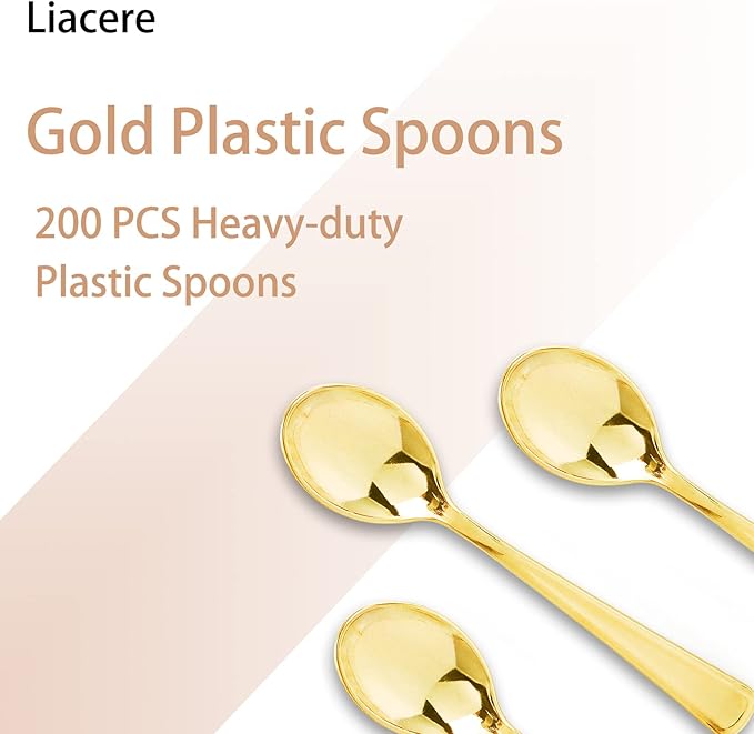 Liacere 200 Pack Gold Plastic Spoons - 6.7 inch Heavy Duty Plastic Spoons - Heavyweight Gold Disposable Spoons for Parties & Weddings & Restaurants & New Year & Fall Decor