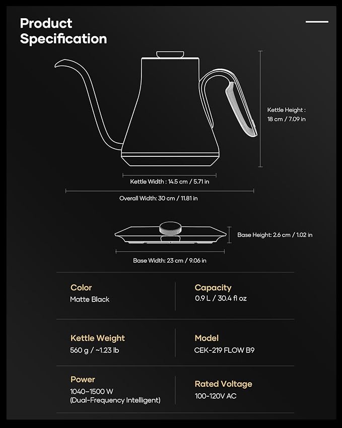 Cocinare FLOW B9 Gooseneck Electric Kettle, Precise Temperature Control for Pour-Over Coffee & Tea Brewing, Stainless Steel Interior, Rapid Heating for Boiling Water, 1500W/0.9L Matte Black