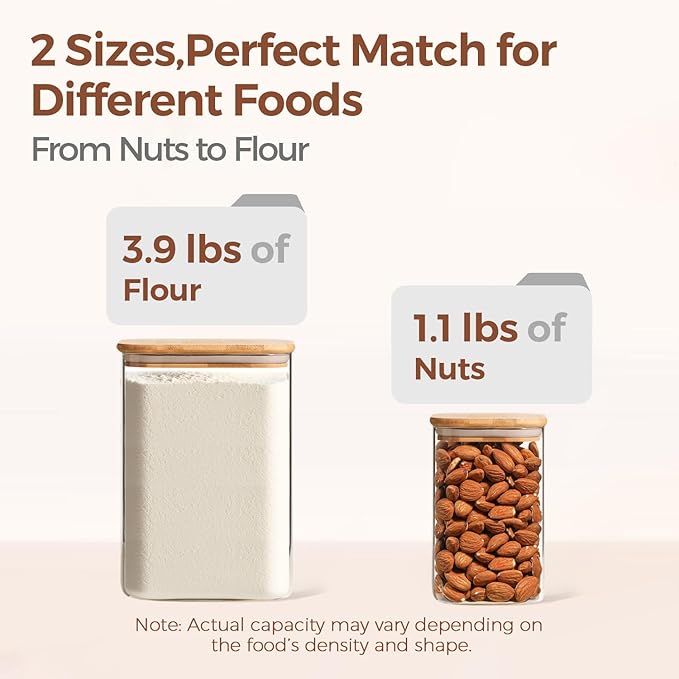ComSaf Glass Food Storage Containers, 3.6Qt/1.2Qt Glass Flour and Sugar Containers with Airtight Lids, Large Square Jars with Bamboo Lids for Rice, Pasta, Oats, Grains, Cookies, Snacks, Candy