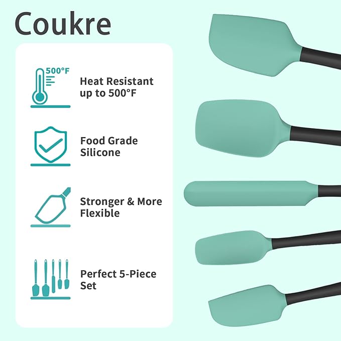 Coukre Silicone Spatula Set of 5,High Temperature Resistant, Food Grade Silicone, Dishwasher Safe, for Baking, Cooking (Aqua Green)