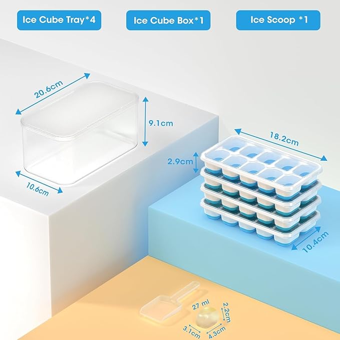 DOQAUS Ice Cube Tray with Lid and Bin, 4 Pack Silicone Plastic Ice Cubes Trays for Freezer with Box/Container, Stackable with Storage Iced Bucket Kits, Scoop, for RV, Soup, Food, Cocktail, Coffee