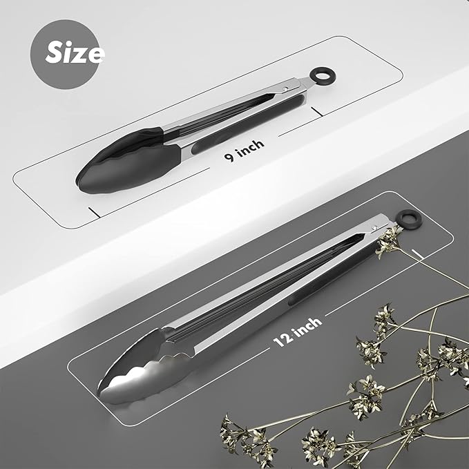 Set of 2 Cooking Tongs,600ºF High Heat-Resistant,Kitchen Utensils,Cooking Utensils for Grill,Salad,BBQ,Frying,Baking,Serving 9/12 inches