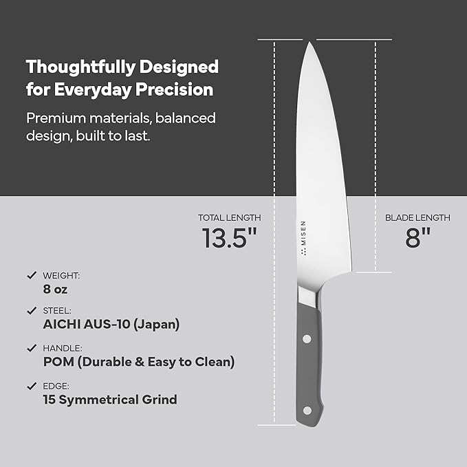 Misen 8" Chef Knife – High Carbon Japanese AUS-10 Stainless Steel – Hybrid German & Japanese Blade – Precision Kitchen Knife for Professionals & Home Cooks – Ultimate Cutting Performance - Gray
