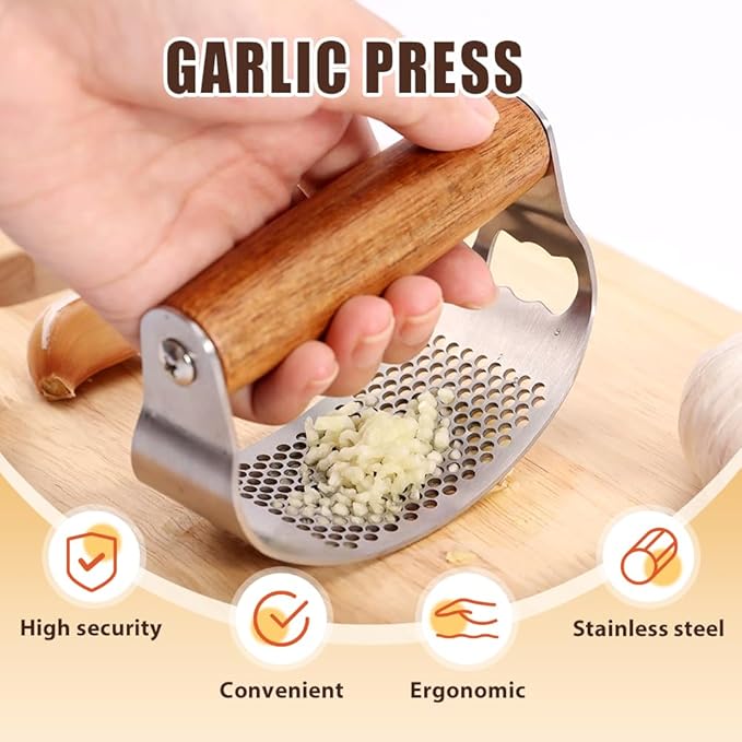 Stainless Steel Garlic Presser, Upgraded Garlic Press Rocker with Peeler and Cleaning Brush, Ergonomic Handle for Cooking Enthusiasts (3 pcs)