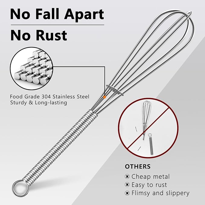 Walfos Mini Whisk,Non-Rust Whisk,304 Stainless steel Small Whisk.Heat Resistant 450℉.6+8Inch Tiny whisk Nice for Whisking, Blending Ingredients, Beating, Mixing Sauces (Silver)