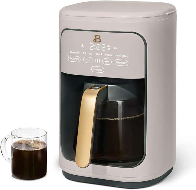 Beautiful 14 Cup Programmable Coffee Maker, Touch Display, 1200W, Brew Strength Control, Keep Warm, Pause & Serve, Glass Carafe, Reusable Filter, Auto Shut-Off, Matte Finish (Porcini Taupe)